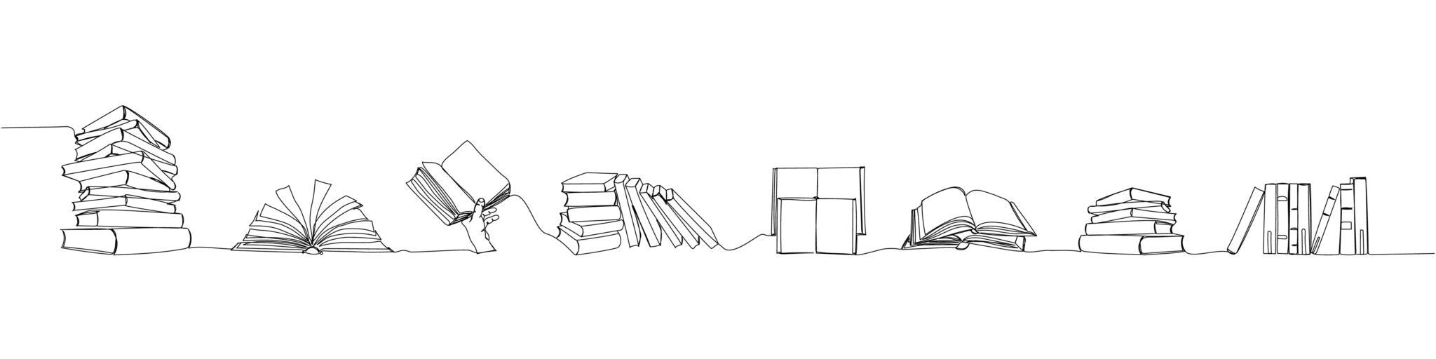 Line illustration of books in different shapes and sizes