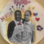 Scholar embroidery story quilt with a family photograph